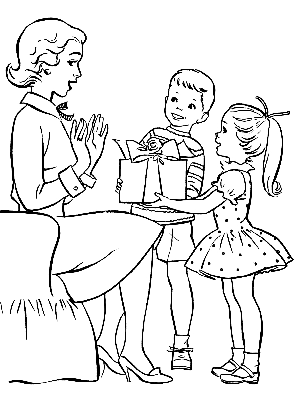 Kolorowanka online: Kolorowanka dzieci przychodzą z prezentem do swojej mamy